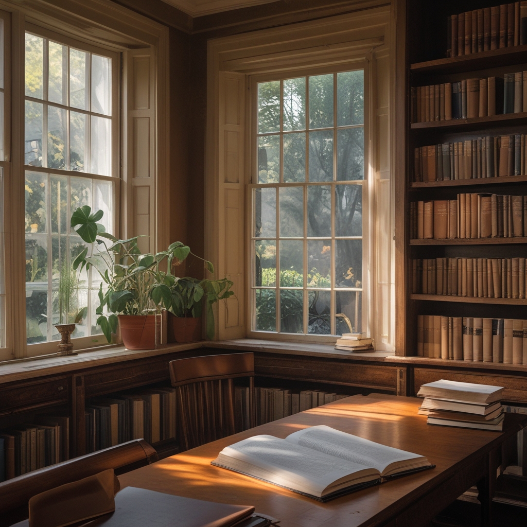 Quiet reading room with warm natural light, a wooden desk with open books and a notebook, green plant on the windowsill, calm academic atmosphere suggesting independent research and knowledge