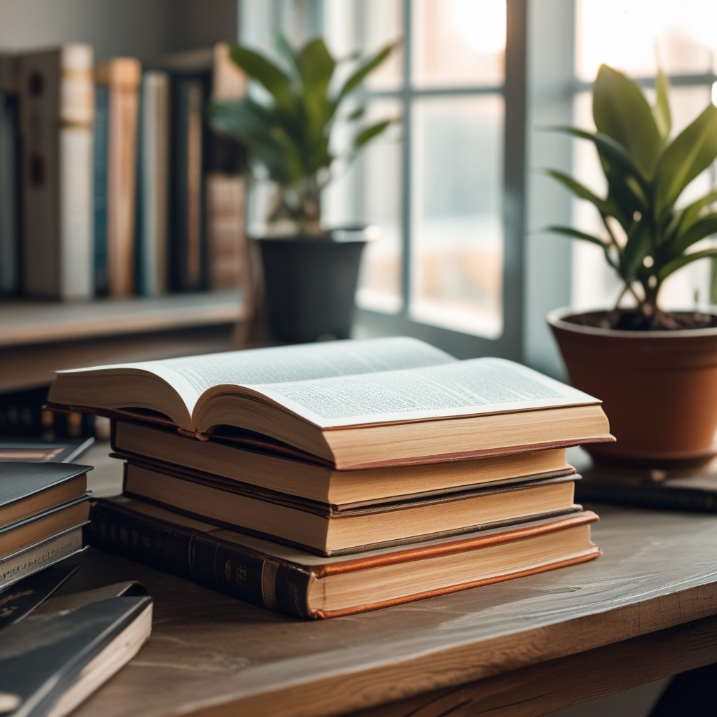 Open hardcover books stacked on a natural wood table beside a small green potted plant, soft afternoon light from a nearby window, calm academic reading environment suggesting knowledge exploration