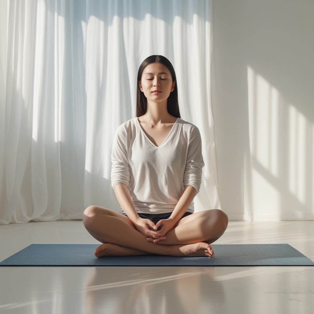Person seated cross-legged on a yoga mat in a bright minimalist room, eyes gently closed, hands resting on knees in a calm meditation pose, soft natural light through sheer curtains suggesting mindful relaxation