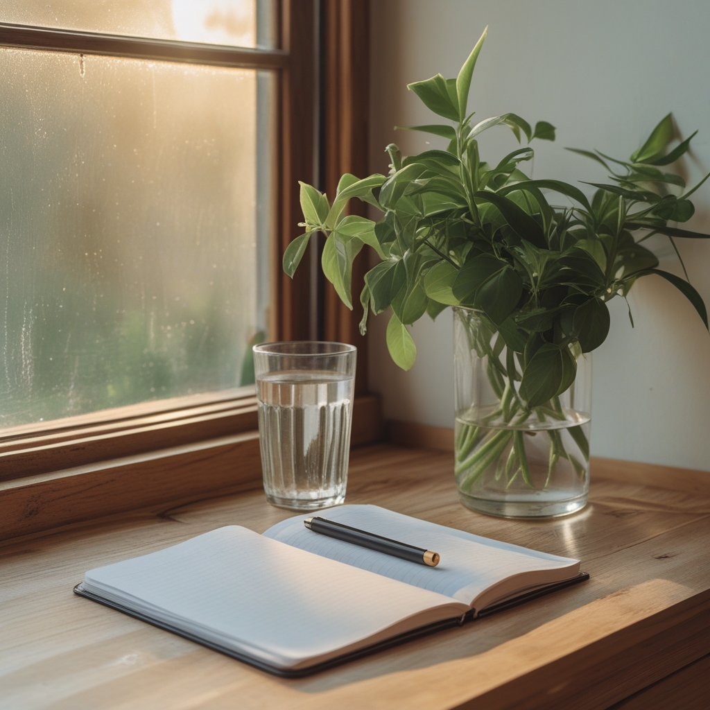 Tidy wooden desk with a glass of water, fresh green plant, small open notebook with a pen, soft morning light from a window on the left side, calm domestic atmosphere suggesting a thoughtful morning routine