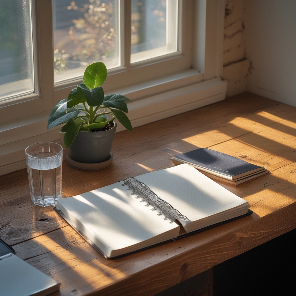 Wooden desk with a glass of water, a small green plant, and a notebook open to blank pages, morning light streaming in from a nearby window, calm organized workspace suggesting daily wellness routines