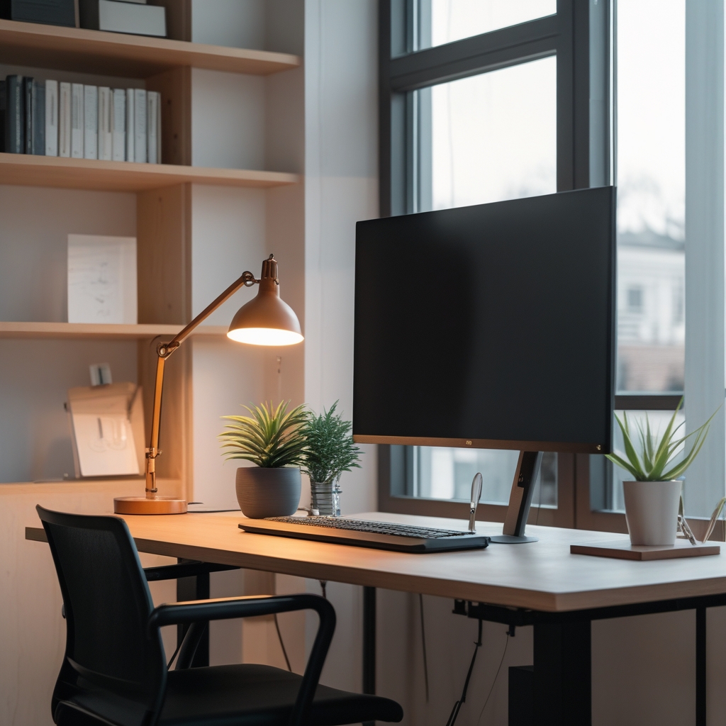 Modern ergonomic home office with a large monitor on an adjustable arm mount, warm desk lamp positioned beside the screen, potted succulent plant on the desk corner, clean minimal workspace with wooden shelves in background