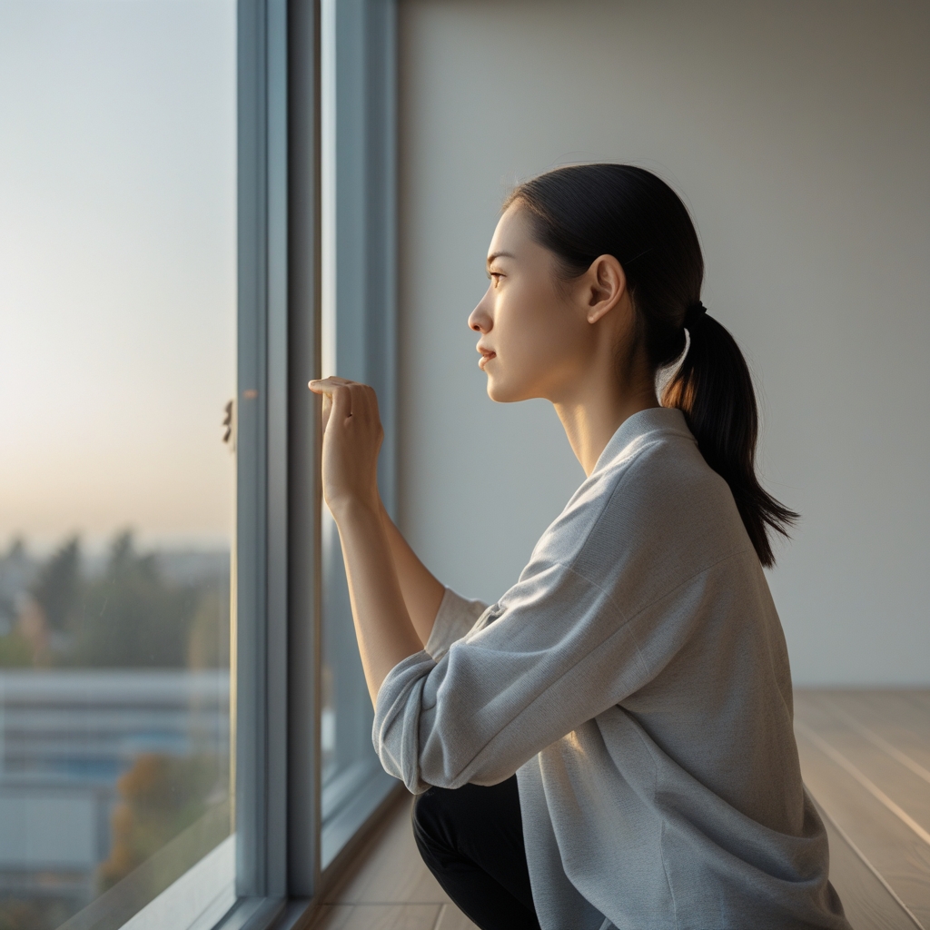 Person sitting by a clear window focusing alternately on a near object and the distant outdoor landscape, natural soft light, minimal modern interior