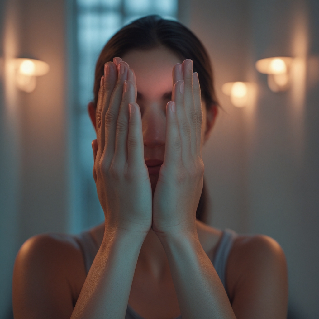 Close-up of cupped hands gently held over closed eyes in a quiet, dimly lit room, demonstrating the palming relaxation technique with warm ambient lighting