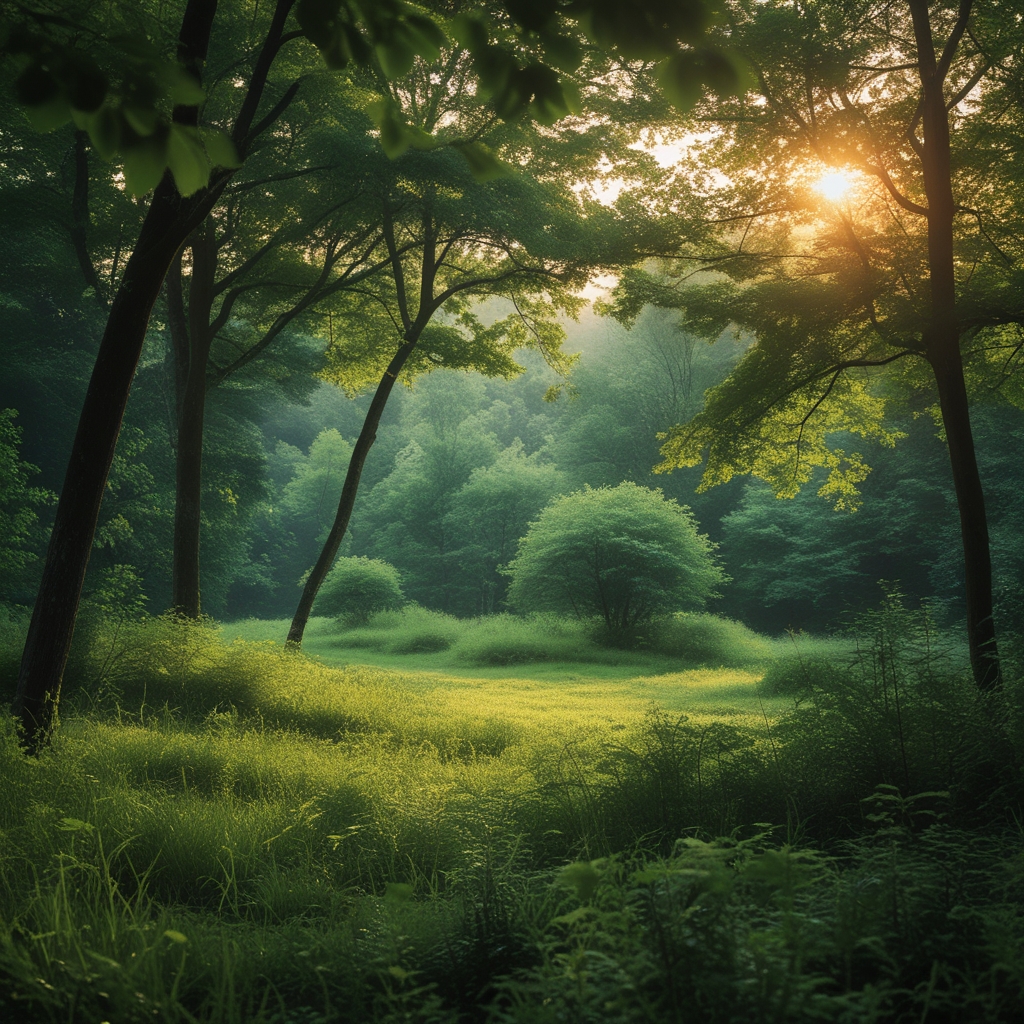 Tranquil green natural landscape with soft morning light filtering through tree canopy, evoking calm and visual rest in a serene forest environment
